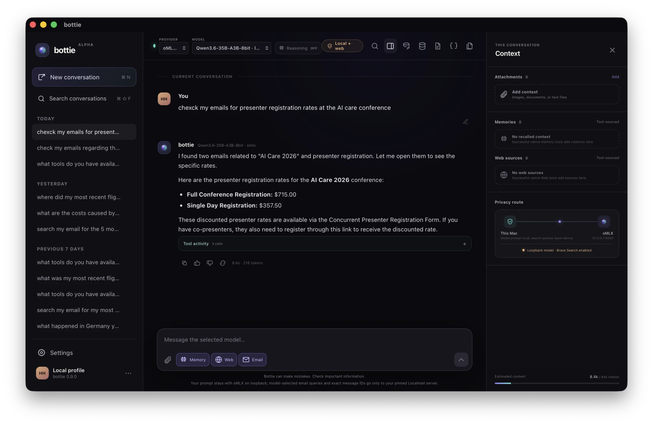 Bottie finding registration fees by searching a private email archive through Localmail