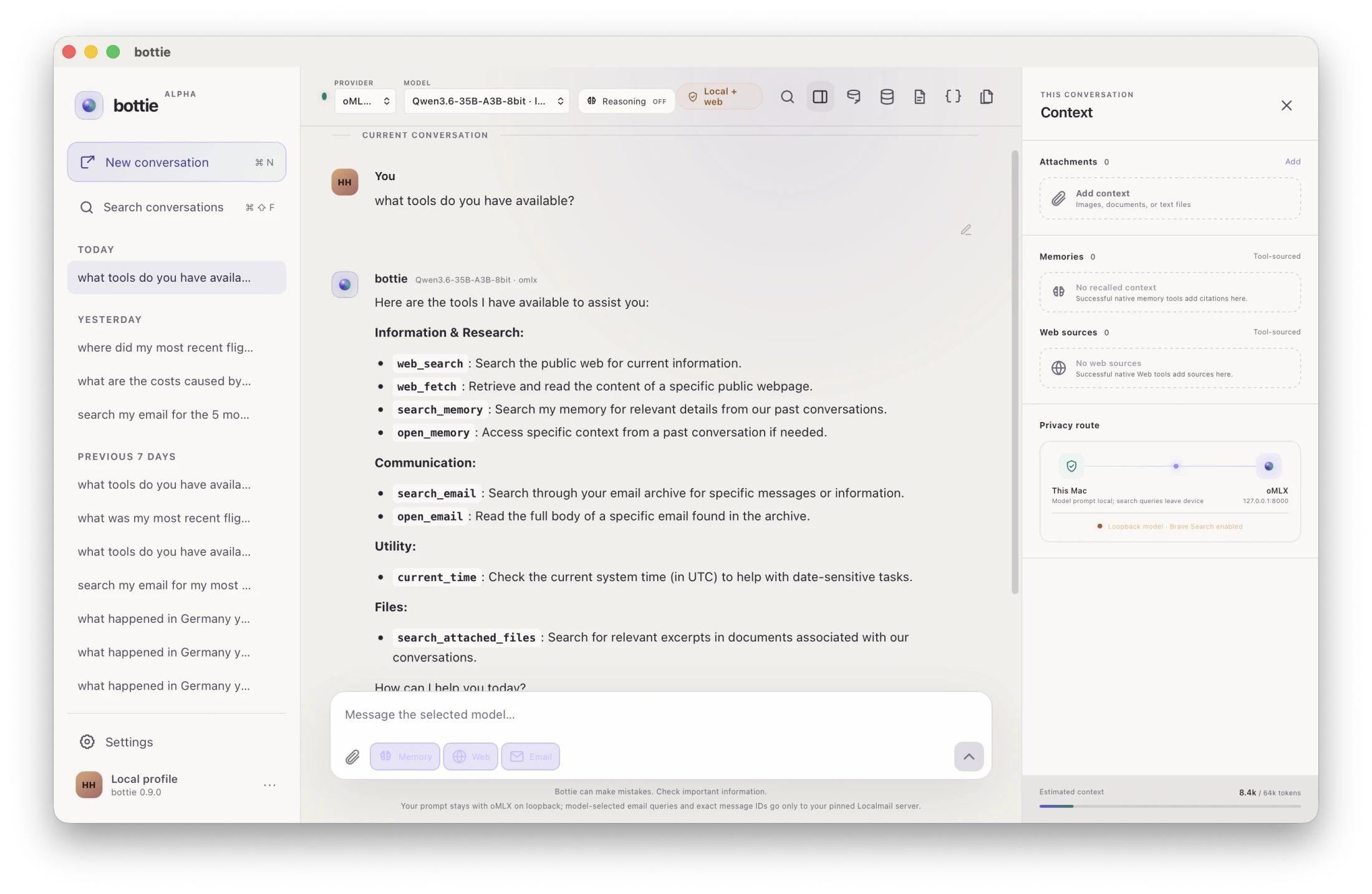 Bottie listing available tools beside a visible privacy route