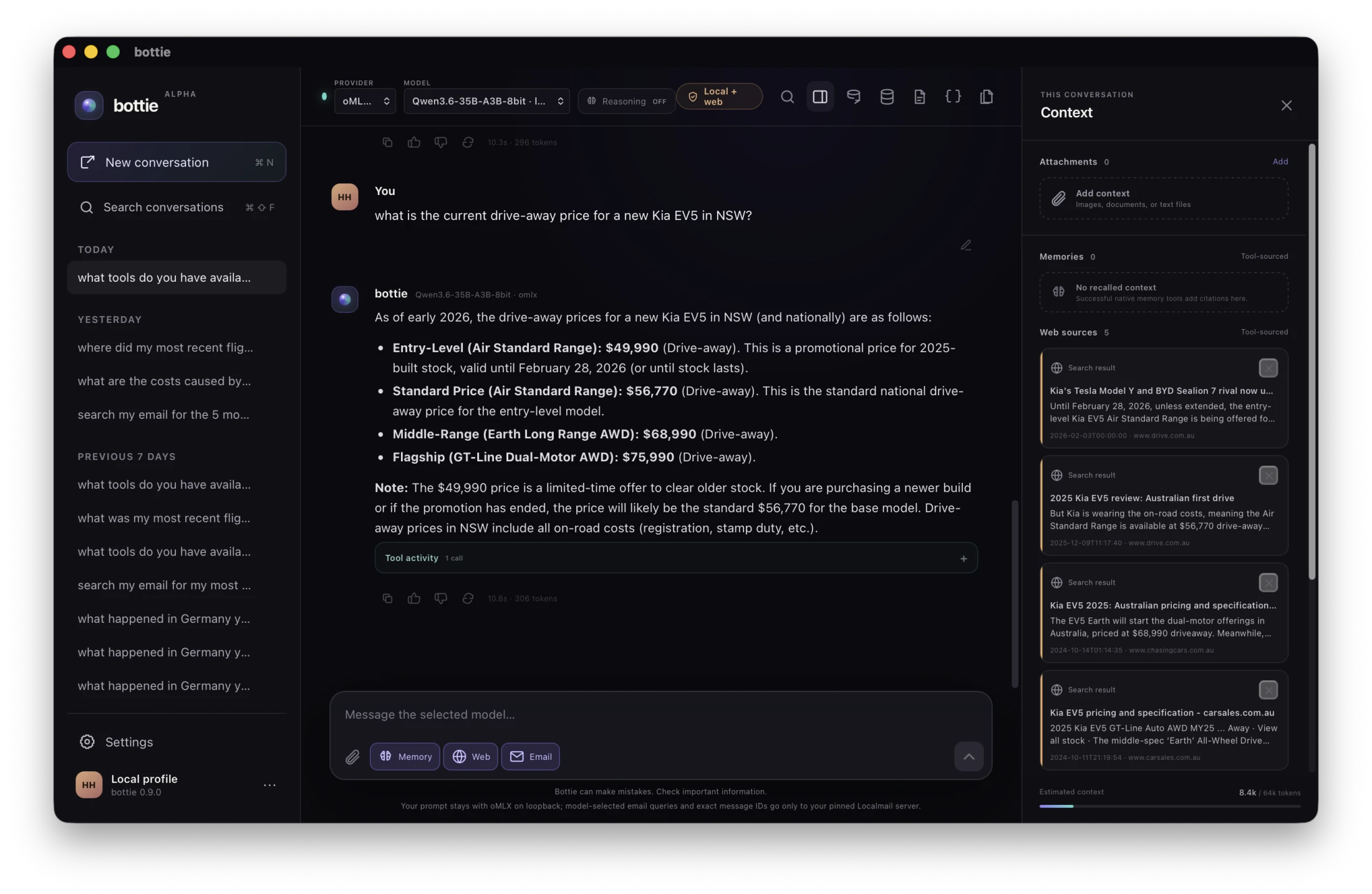Bottie answering a current pricing question with five visible web sources in the context panel
